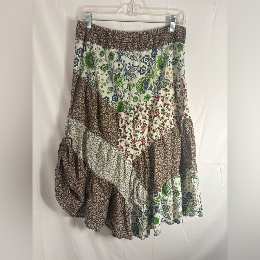 Y2K Cottagecore Patchwork Asymmetrical‎ Boho 100% Cotton Midi Skirt Size L - Picture 2 of 16